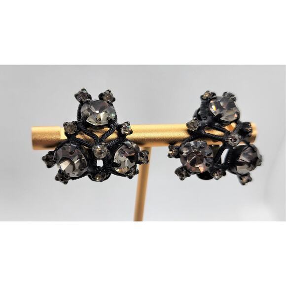 Earrings-Clip On-Vintage Joseph Warner-Black Metal-Dark Rhinestones - Picture 5 of 10
